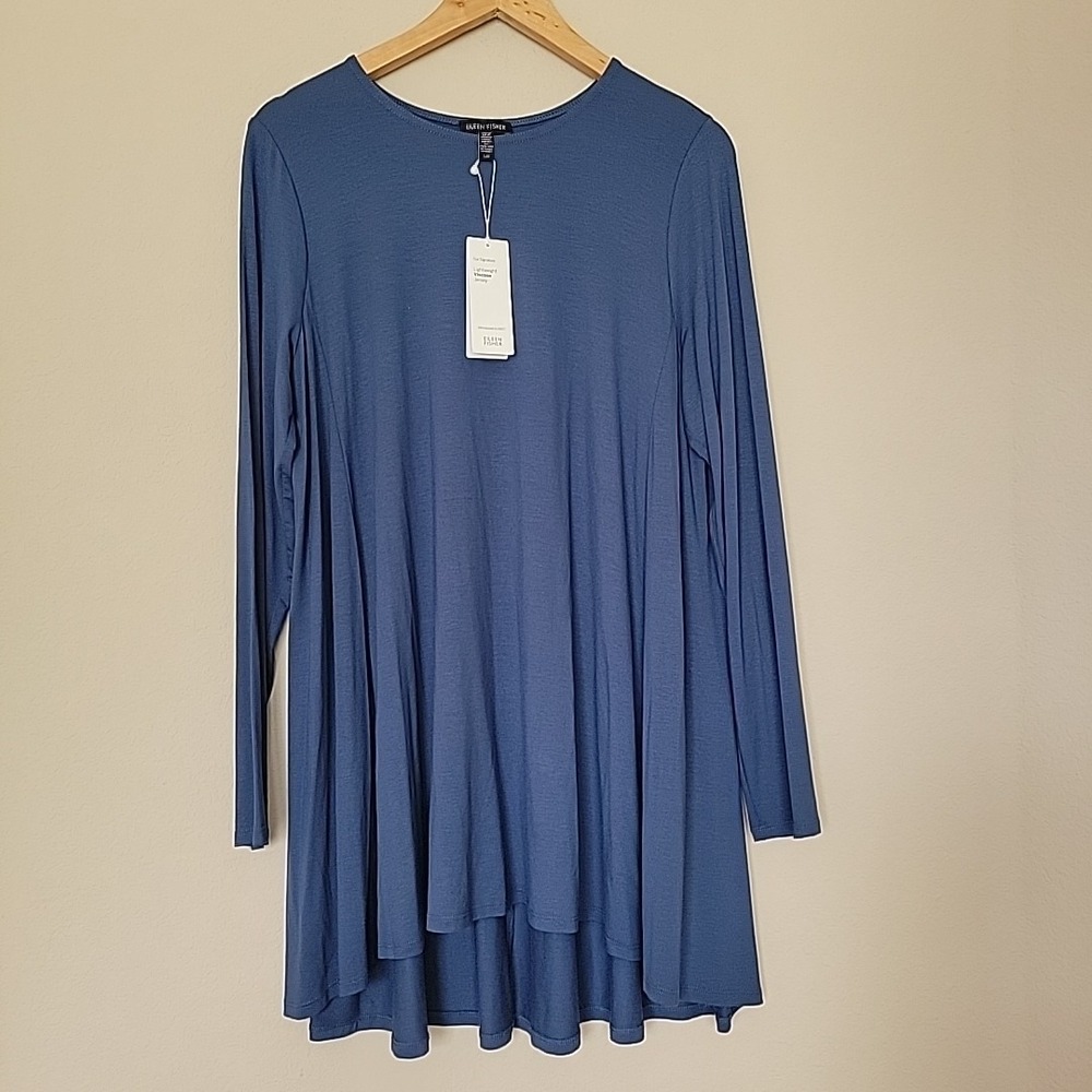 Eileen Fisher Lightweight Viscose  Jersey Tunic Top Size L Stretch Blue NWT